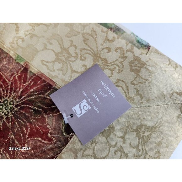 Christmas Poinsettia Table Topper 33 Inch Square Red Gold Organza with Tassels S - Picture 5 of 9